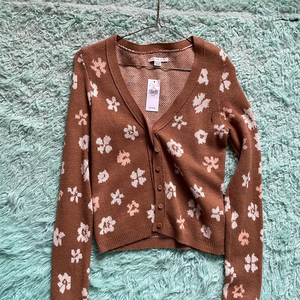Brown Floral Cardigan Sweater